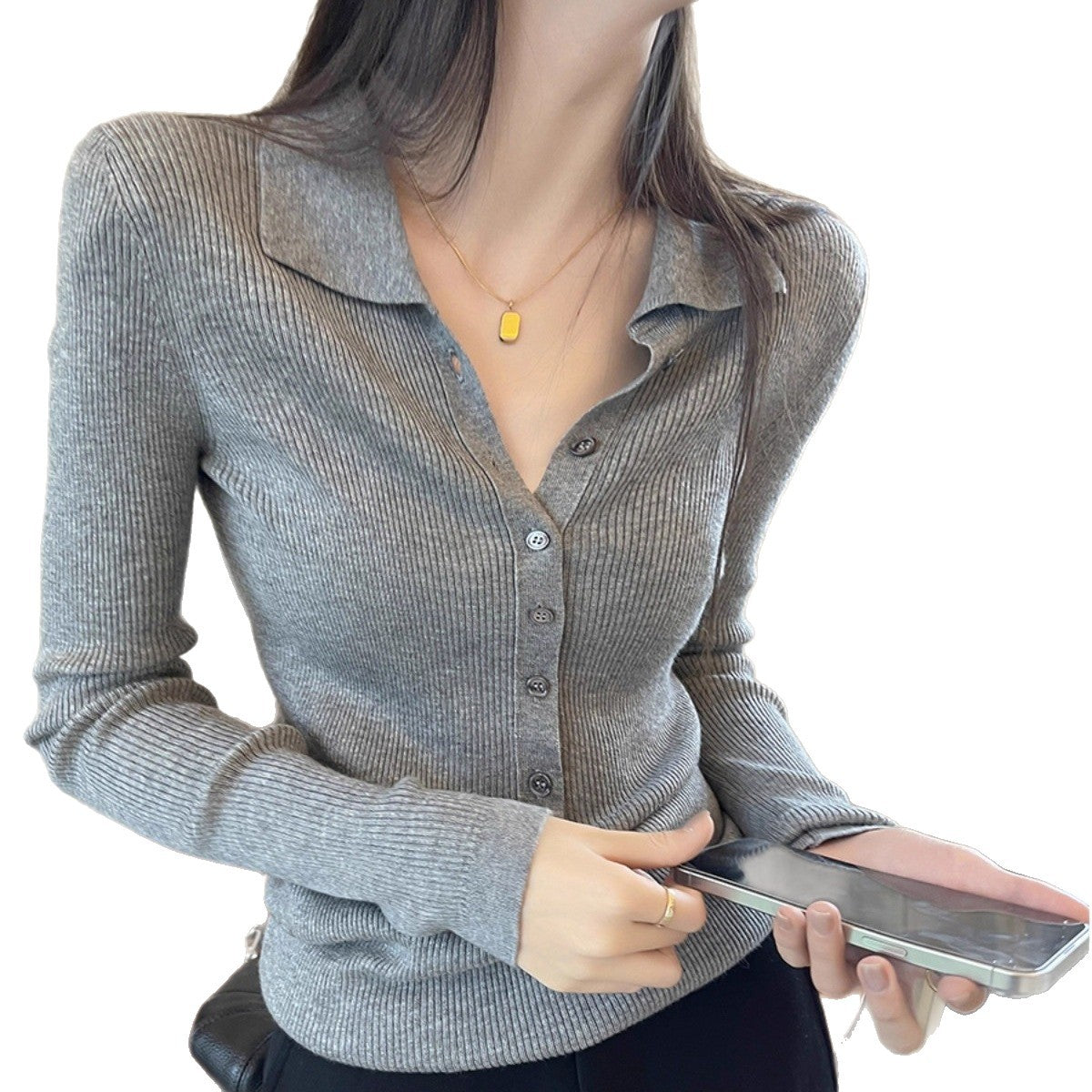 Laziness Style Knit Cardigan with Turn-down Collar Long Sleeve for Women Gray Soft and Versatile Top