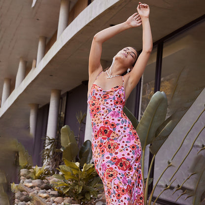 Elegant slim fit camisole printed bright beauty dress