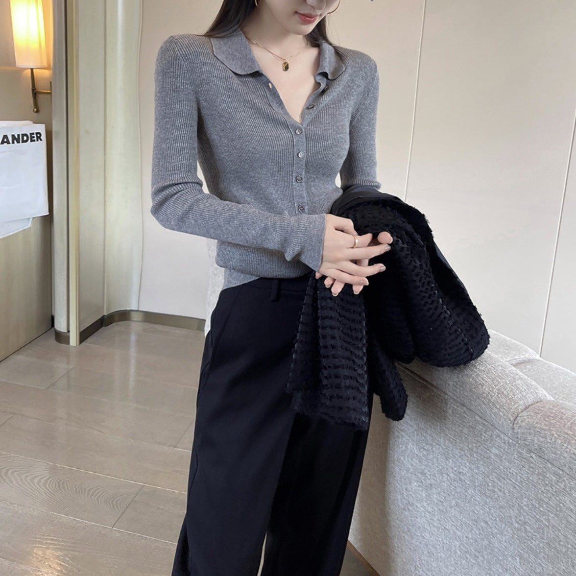 Laziness Style Knit Cardigan with Turn-down Collar Long Sleeve for Women  Gray Soft and Versatile Top