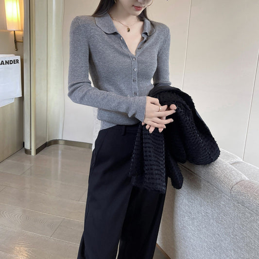 Laziness Style Knit Cardigan with Turn-down Collar Long Sleeve for Women  Gray Soft and Versatile Top