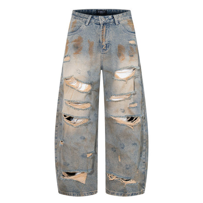 Style Casual Knife-Shape Pants Men Loose Straight Leg Distressed Autumn Fashion Vintage Ripped Jeans