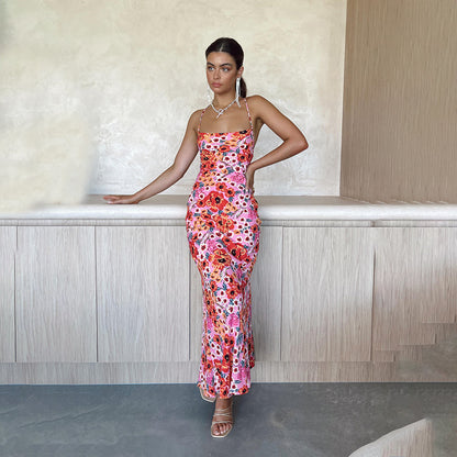 Elegant slim fit camisole printed bright beauty dress