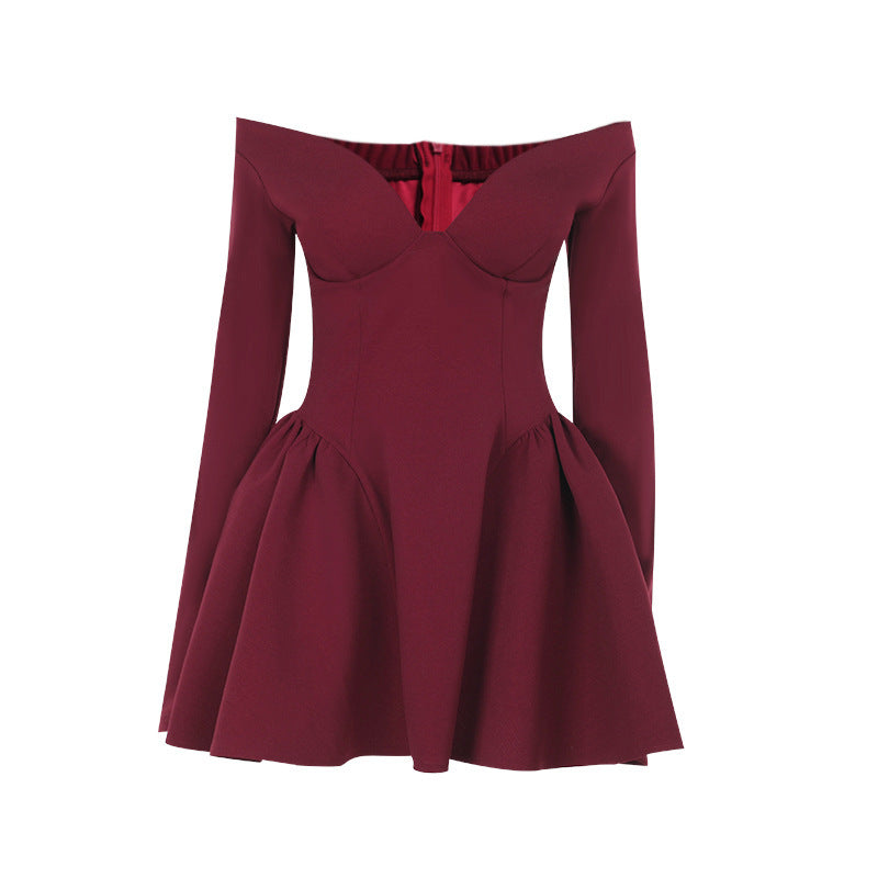 Elegant slim fit chest and waist cinching A-line long sleeved dress