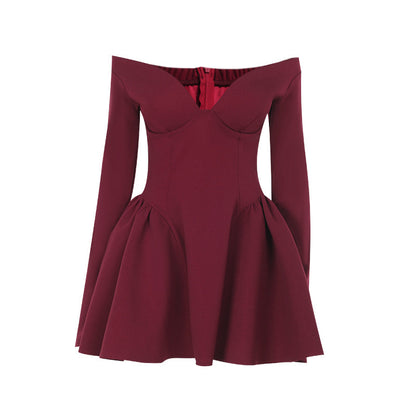 Elegant slim fit chest and waist cinching A-line long sleeved dress