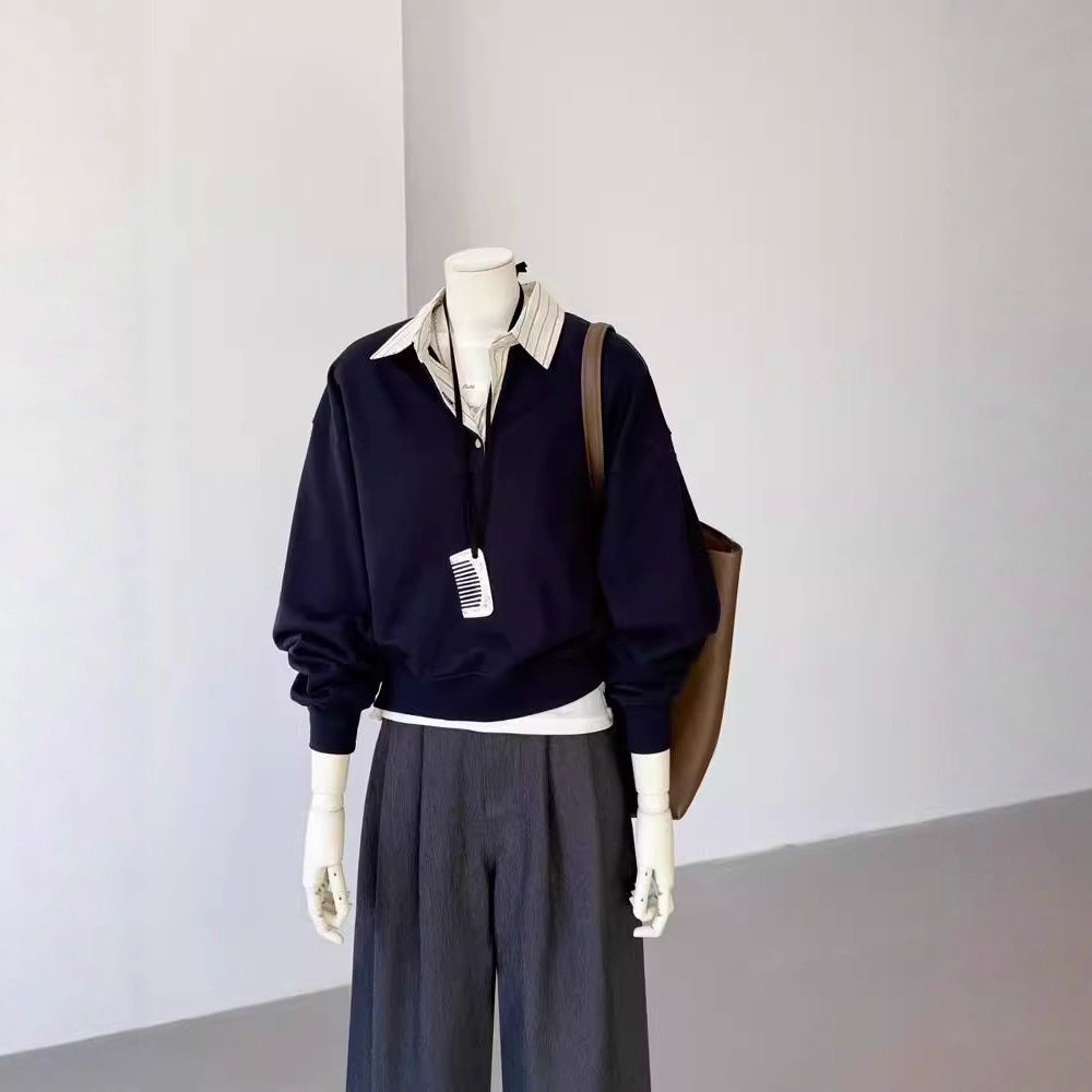 Faux Two-Piece Polo Neck Gray Sweatshirt for Women, Unique and Elegant Top