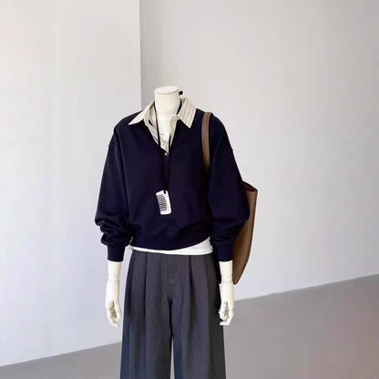 Faux Two-Piece Polo Neck Gray Sweatshirt for Women, Unique and Elegant Top