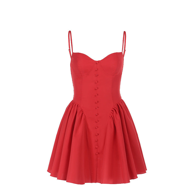 Sexy slim button design suspender puffy skirt