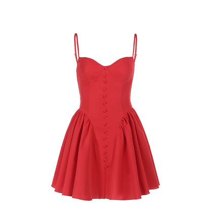 Sexy slim button design suspender puffy skirt