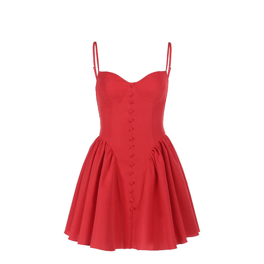 Sexy slim button design suspender puffy skirt