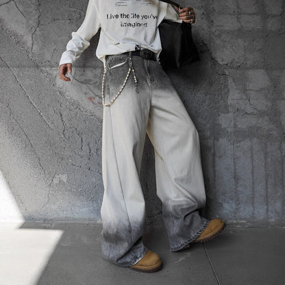 Streetwear Hip-Hop Style Gradient Color Wide-Leg Denim Pants Straight Leg Design Retro Knife-Edge Floor-Length Trousers