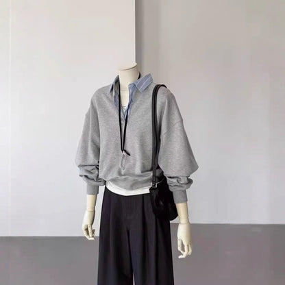 Faux Two-Piece Polo Neck Gray Sweatshirt for Women, Unique and Elegant Top