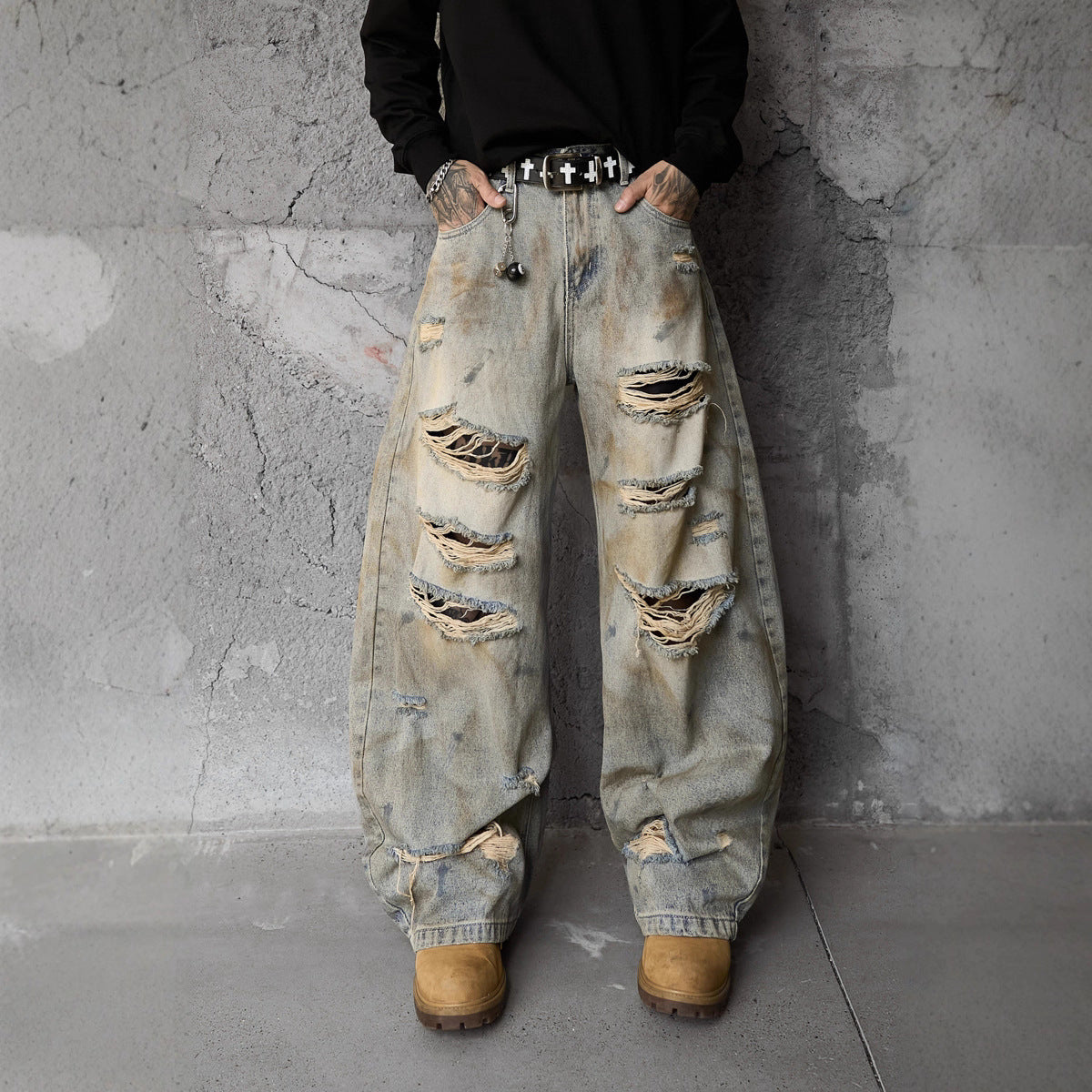 Style Casual Knife-Shape Pants Men Loose Straight Leg Distressed Autumn Fashion Vintage Ripped Jeans