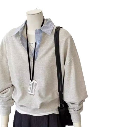 Faux Two-Piece Polo Neck Gray Sweatshirt for Women, Unique and Elegant Top