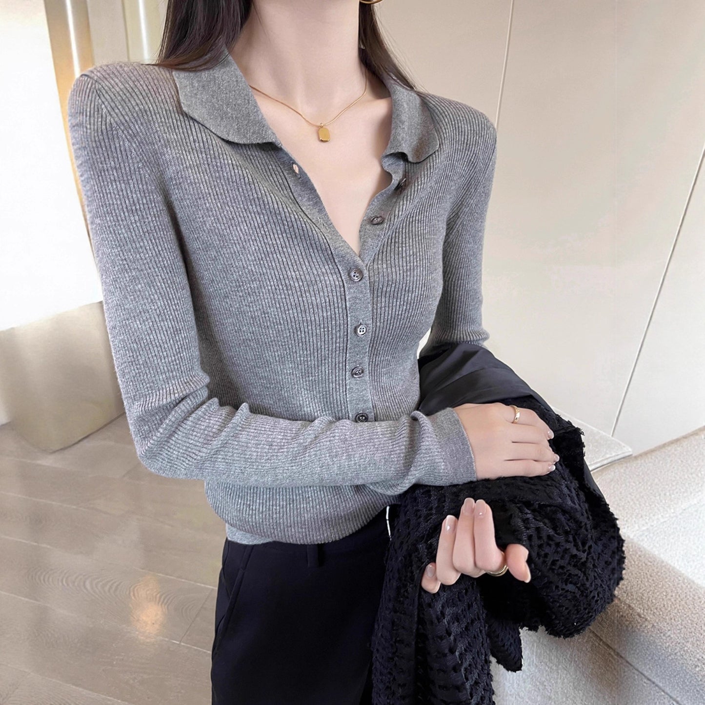 Laziness Style Knit Cardigan with Turn-down Collar Long Sleeve for Women  Gray Soft and Versatile Top