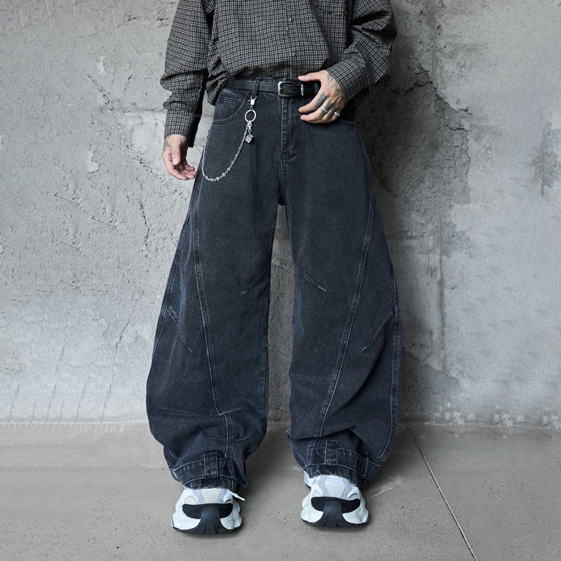 Retro Washed Deconstructed Knife-Edge Denim Pants Unisex Trendy Loose Hip-Hop Wide Leg Pants Black Scythe Style Pants
