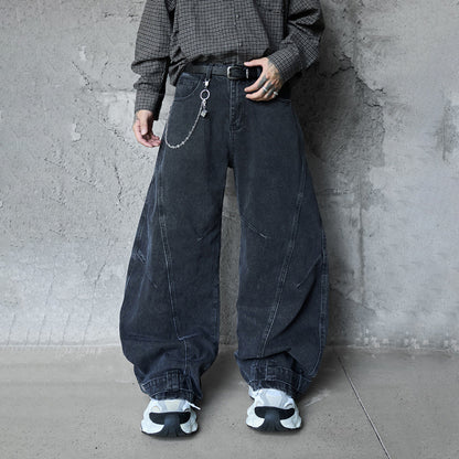 Retro Washed Deconstructed Knife-Edge Denim Pants Unisex Trendy Loose Hip-Hop Wide Leg Pants Black Scythe Style Pants