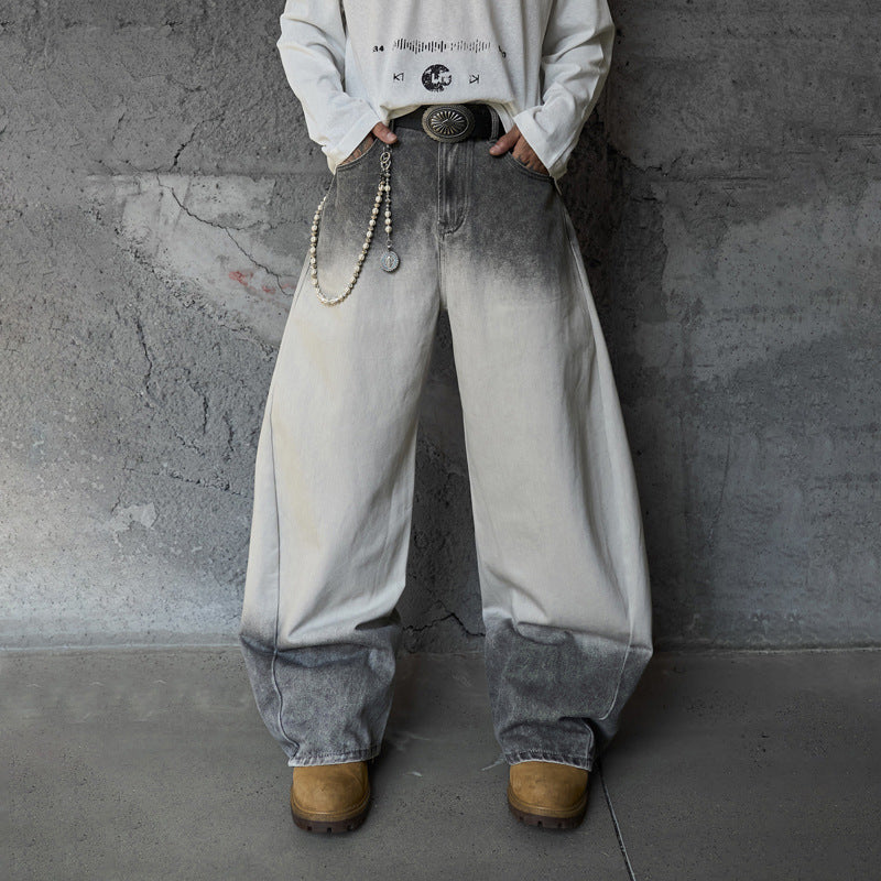 Streetwear Hip-Hop Style Gradient Color Wide-Leg Denim Pants Straight Leg Design Retro Knife-Edge Floor-Length Trousers