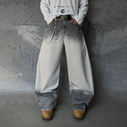 Streetwear Hip-Hop Style Gradient Color Wide-Leg Denim Pants Straight Leg Design Retro Knife-Edge Floor-Length Trousers