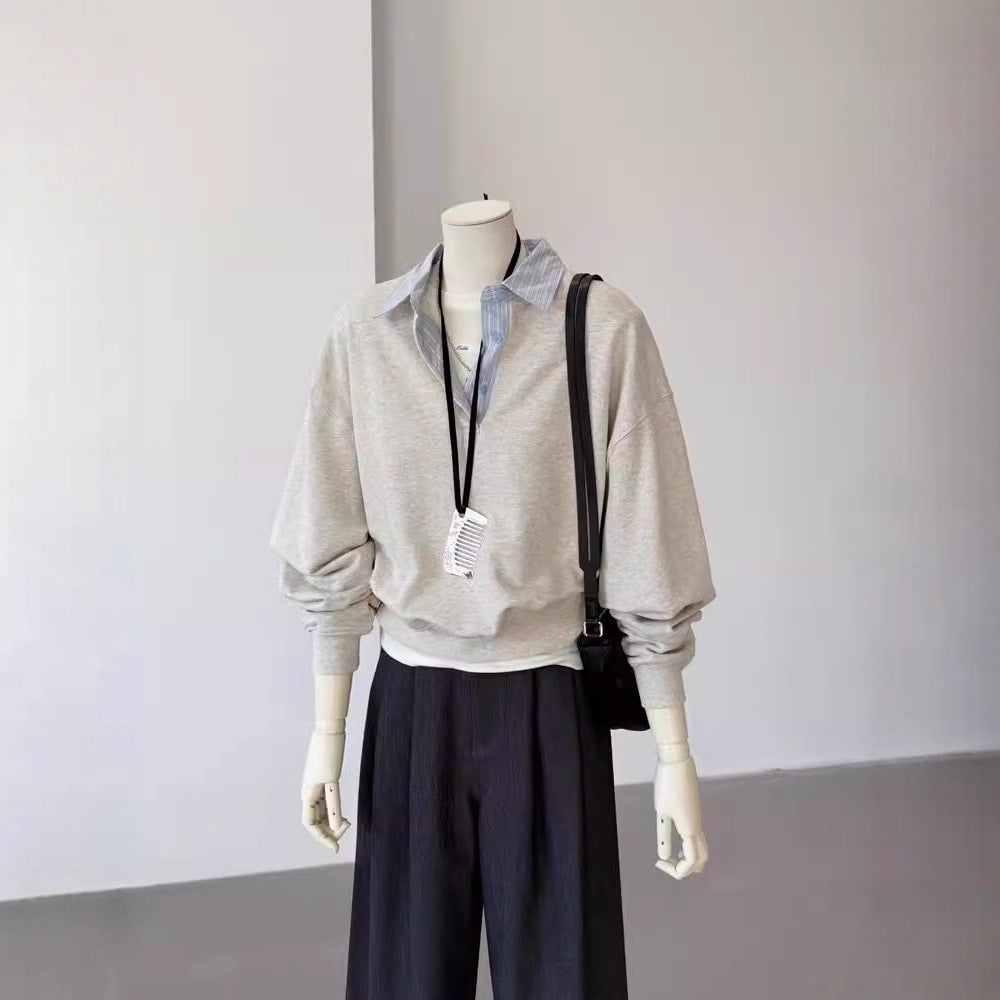 Faux Two-Piece Polo Neck Gray Sweatshirt for Women, Unique and Elegant Top