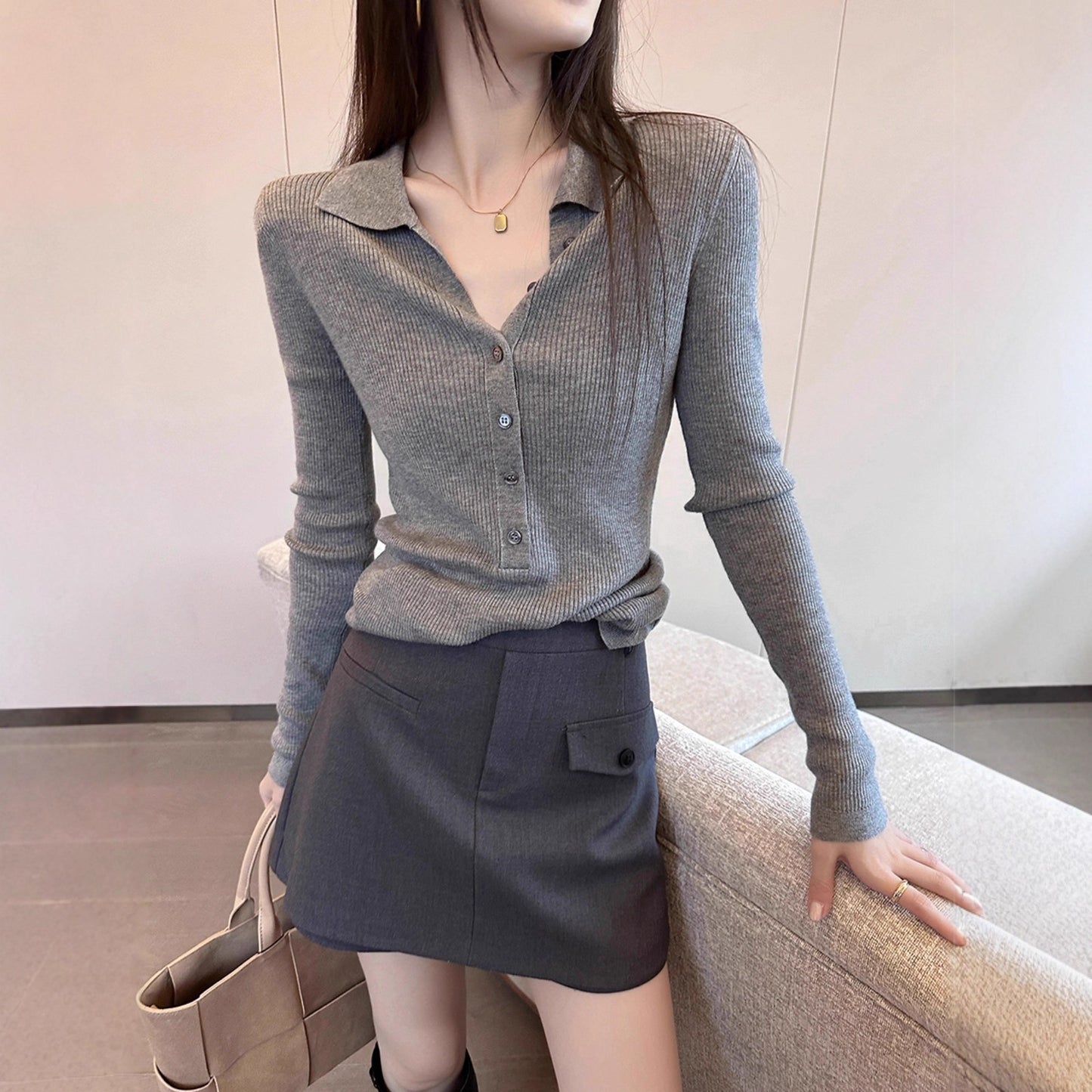 Laziness Style Knit Cardigan with Turn-down Collar Long Sleeve for Women  Gray Soft and Versatile Top