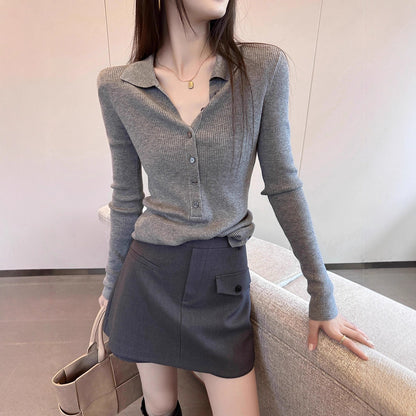 Laziness Style Knit Cardigan with Turn-down Collar Long Sleeve for Women  Gray Soft and Versatile Top