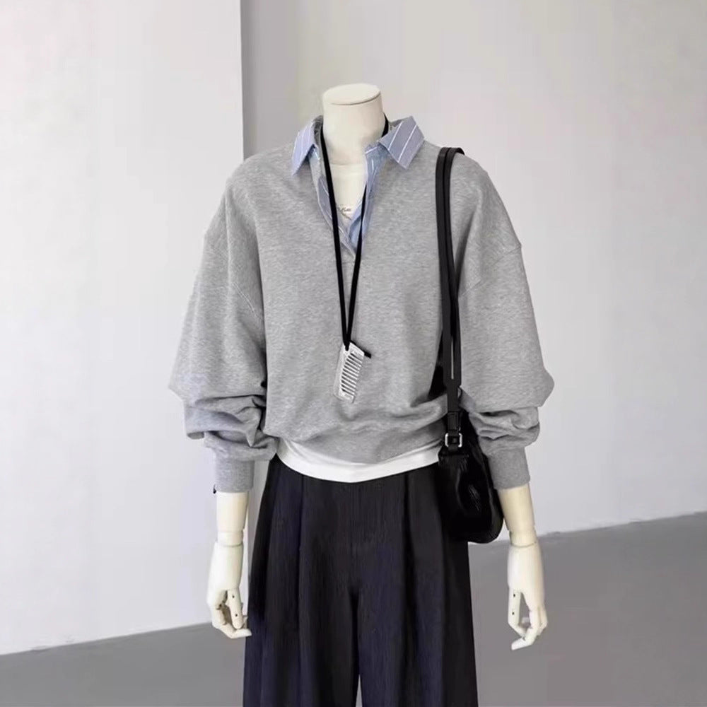 Faux Two-Piece Polo Neck Gray Sweatshirt for Women, Unique and Elegant Top