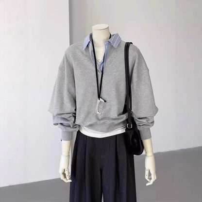 Faux Two-Piece Polo Neck Gray Sweatshirt for Women, Unique and Elegant Top
