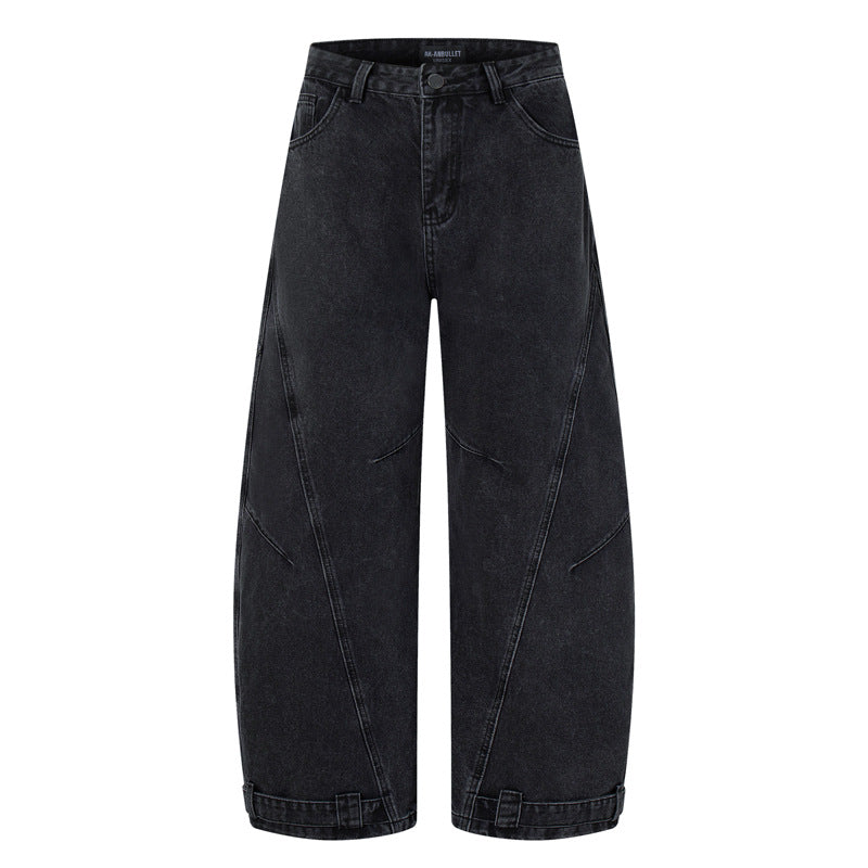 Retro Washed Deconstructed Knife-Edge Denim Pants Unisex Trendy Loose Hip-Hop Wide Leg Pants Black Scythe Style Pants