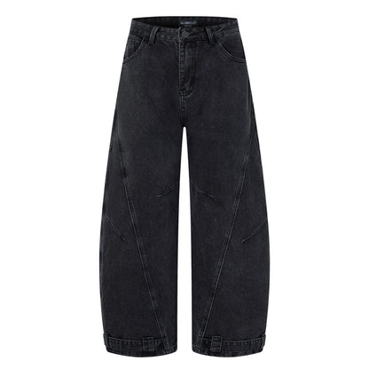 Retro Washed Deconstructed Knife-Edge Denim Pants Unisex Trendy Loose Hip-Hop Wide Leg Pants Black Scythe Style Pants