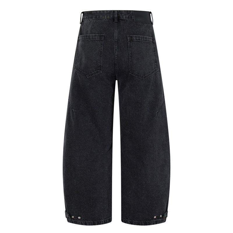 Retro Washed Deconstructed Knife-Edge Denim Pants Unisex Trendy Loose Hip-Hop Wide Leg Pants Black Scythe Style Pants