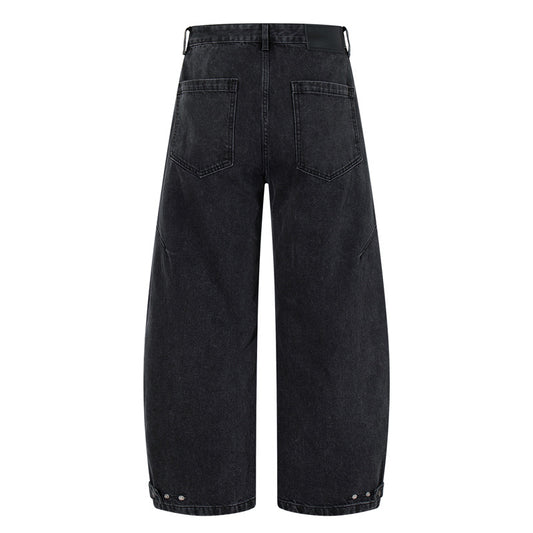 Retro Washed Deconstructed Knife-Edge Denim Pants Unisex Trendy Loose Hip-Hop Wide Leg Pants Black Scythe Style Pants