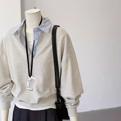 Faux Two-Piece Polo Neck Gray Sweatshirt for Women, Unique and Elegant Top